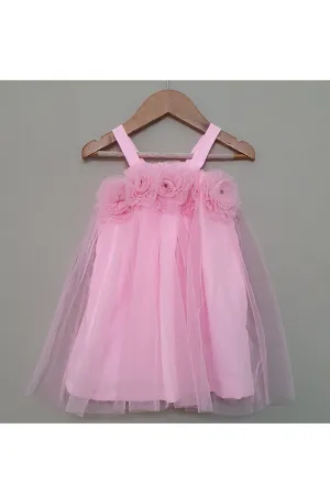 Pink Floral Detailing Net Sleeveless Dress