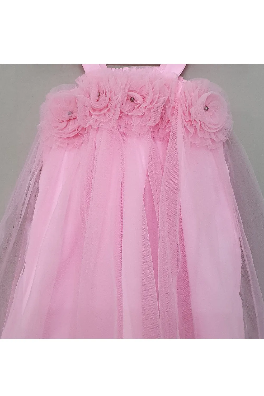 Pink Floral Detailing Net Sleeveless Dress