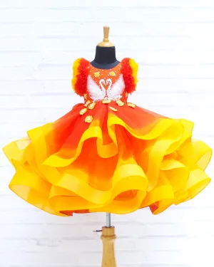 Pre-Order: Swan Theme Deep Orange & Yellow Color Gradient Swirled Gown