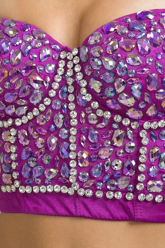 Purple Rainbow Rhinestone Pattern Stone Bustier