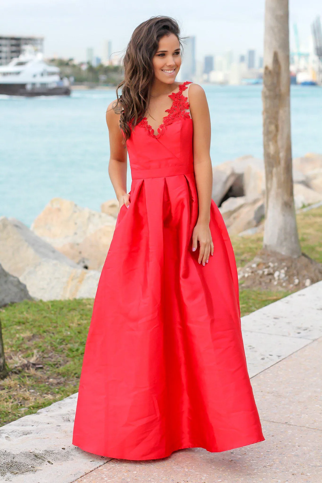 Red Maxi Dress with Embroidered Detail