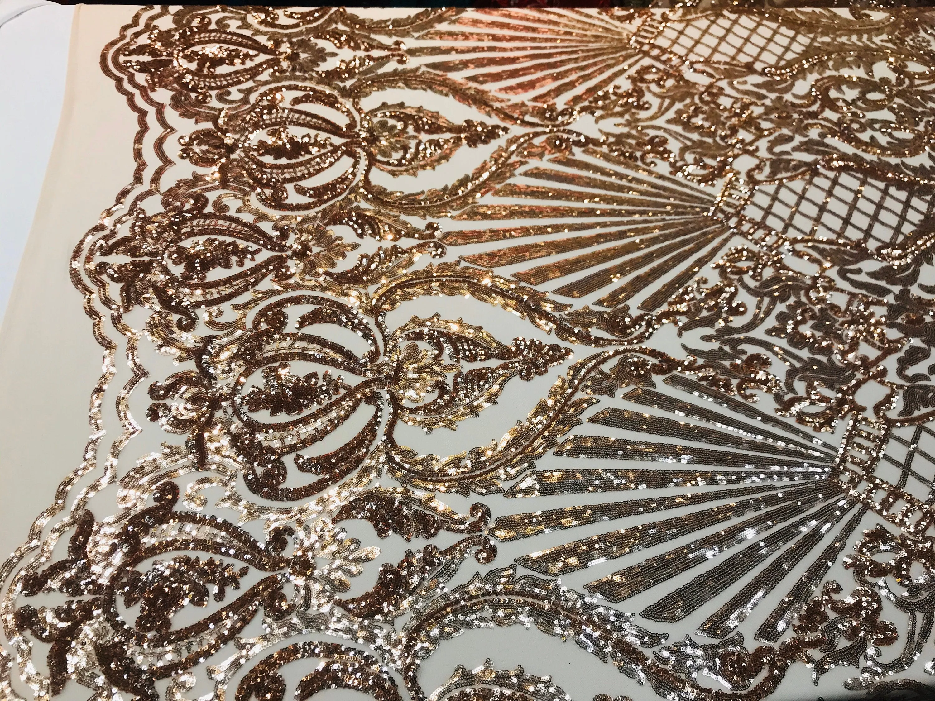 Rose gold shiny sequin damask design on a 4 way stretch mesh-prom-nightgown-sold by the yard-free shipping in the usa-