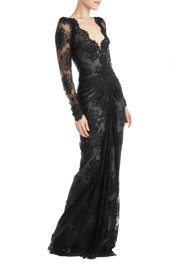 Ruched Long Sleeve Lace Gown