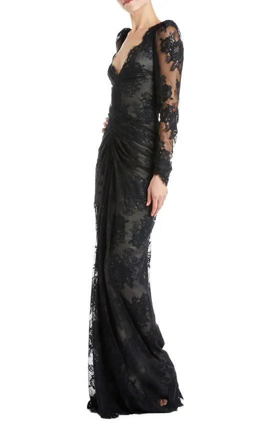 Ruched Long Sleeve Lace Gown