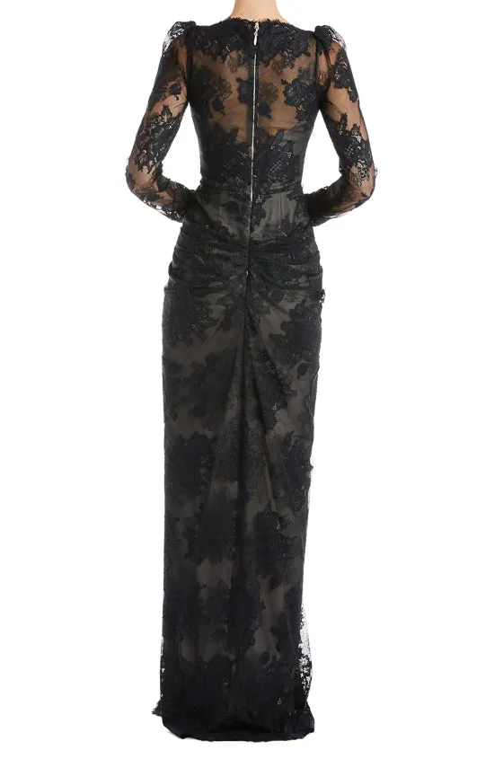 Ruched Long Sleeve Lace Gown
