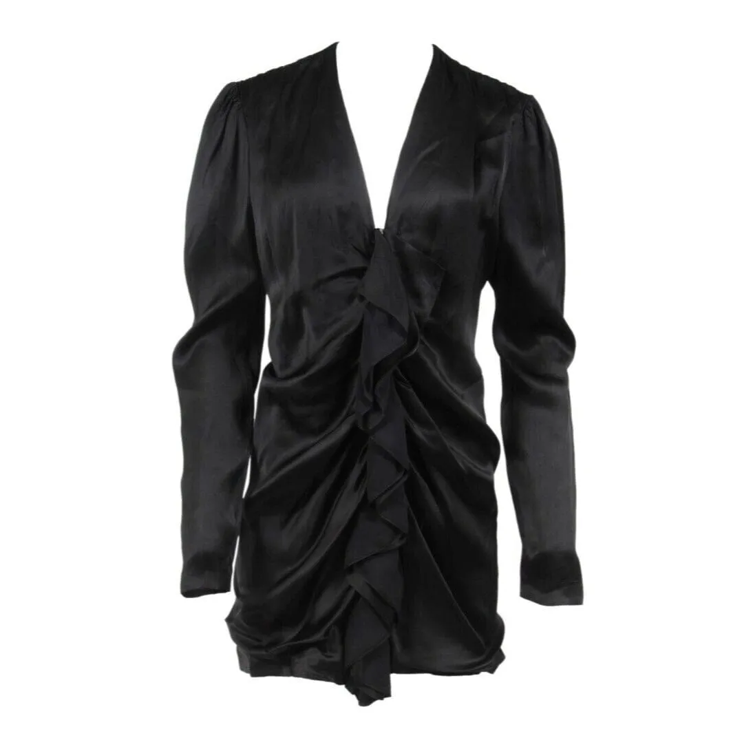 Ruffle Front Zipped Black Viscose Mini Dress Romper