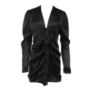 Ruffle Front Zipped Black Viscose Mini Dress Romper