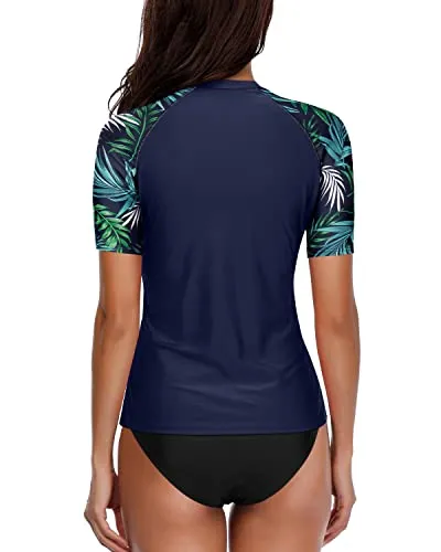 Short Sleeve Women's Upf 50  Spf Rash Guard Set With Bikini Bottom-Blue Leaf