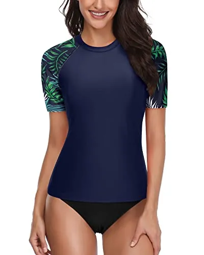 Short Sleeve Women's Upf 50  Spf Rash Guard Set With Bikini Bottom-Blue Leaf
