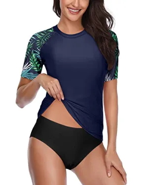 Short Sleeve Women's Upf 50  Spf Rash Guard Set With Bikini Bottom-Blue Leaf