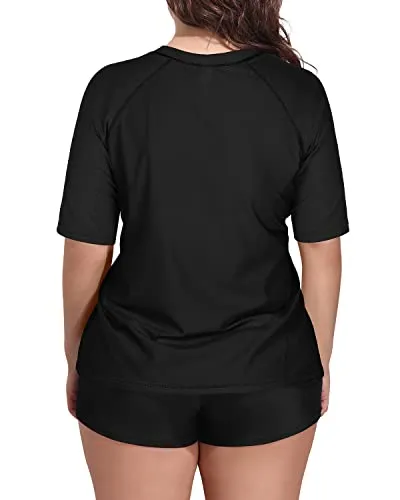 Short Sleeved Plus Size Uv Blocking Rash Guard Swimsuit For Women-Black