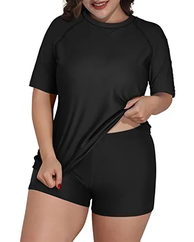 Short Sleeved Plus Size Uv Blocking Rash Guard Swimsuit For Women-Black