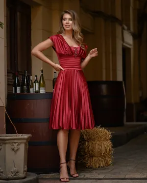 Silk Beading Satin Prom Dress Cap Sleeves Pleats Evening Gowns