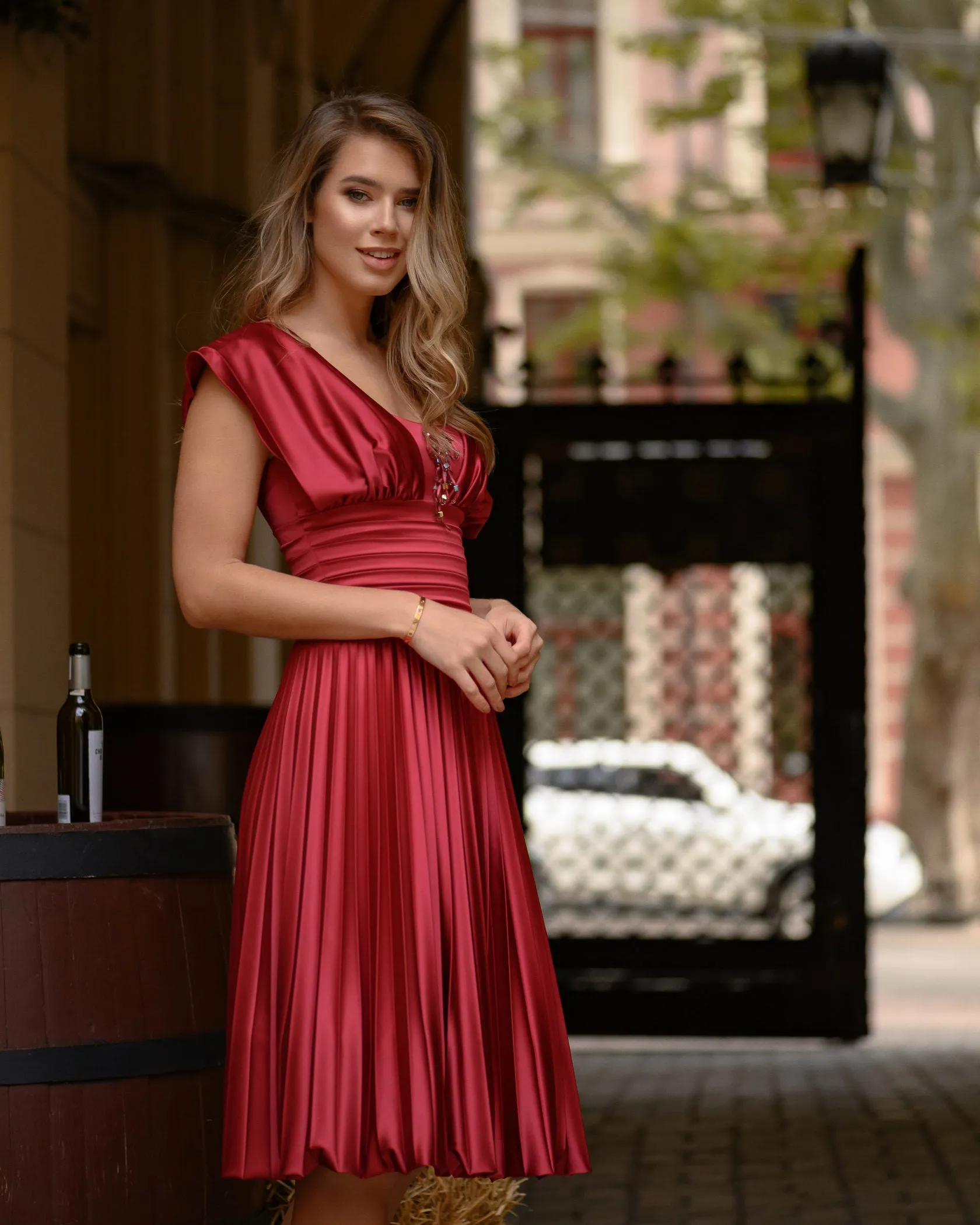 Silk Beading Satin Prom Dress Cap Sleeves Pleats Evening Gowns