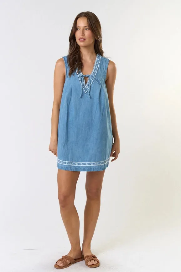 Sleeveless Embroidered Denim Dress