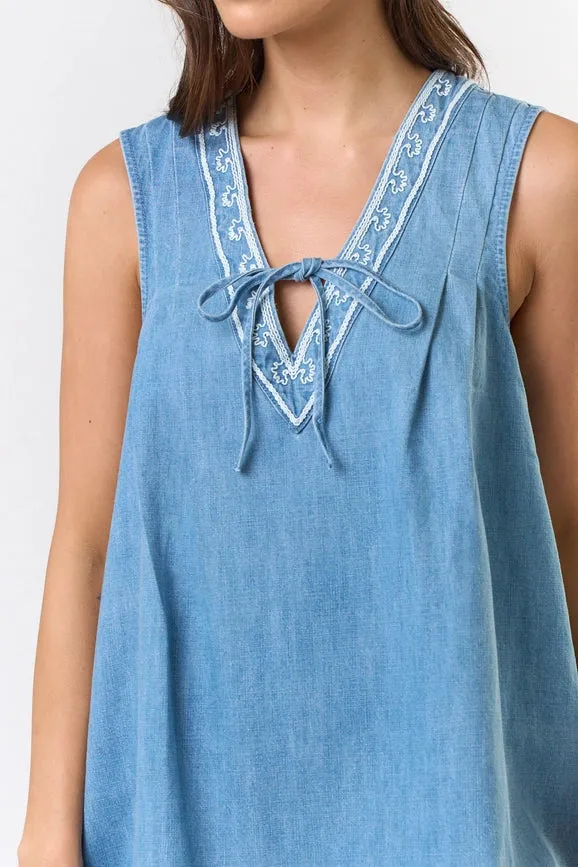 Sleeveless Embroidered Denim Dress