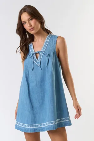 Sleeveless Embroidered Denim Dress