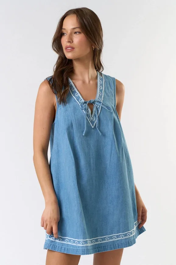 Sleeveless Embroidered Denim Dress