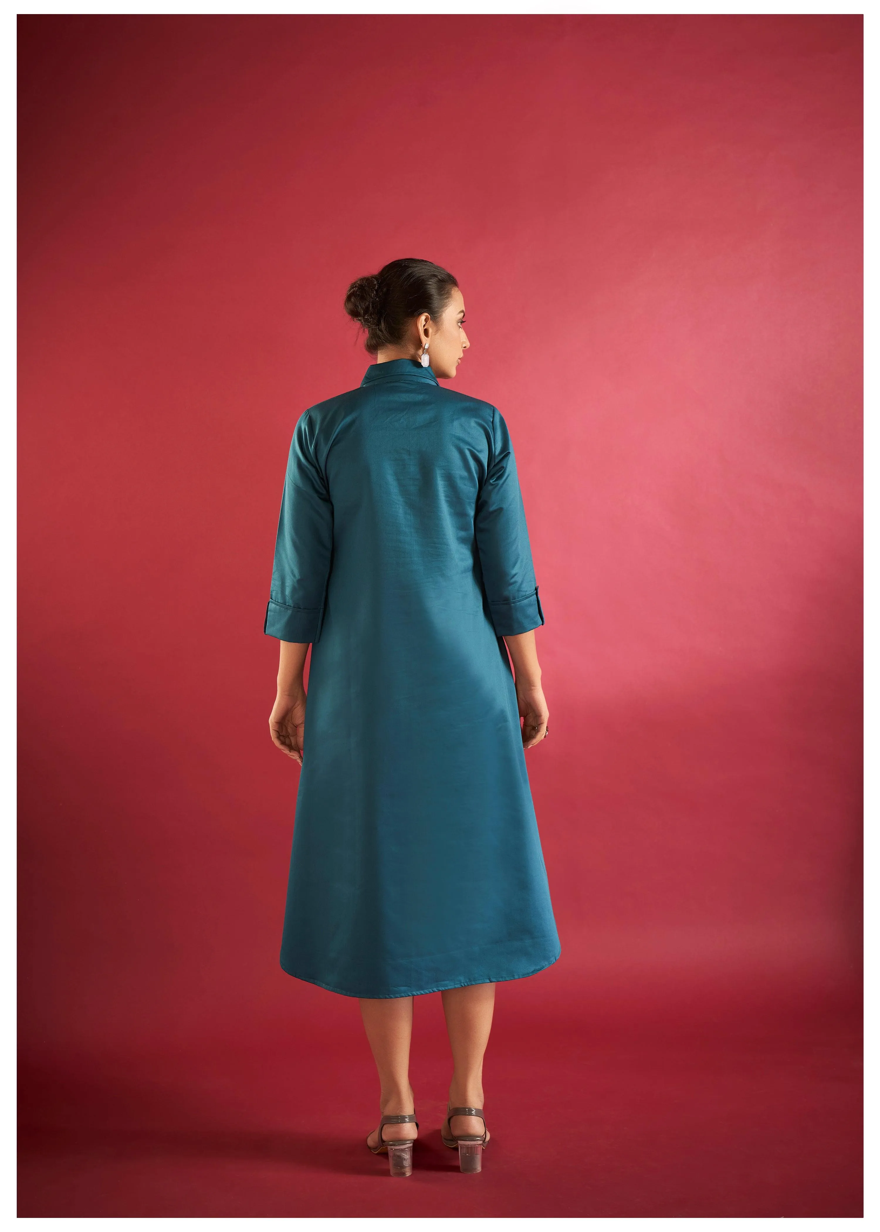 Teal Blue Embroidered Thread Work Poplin Dress