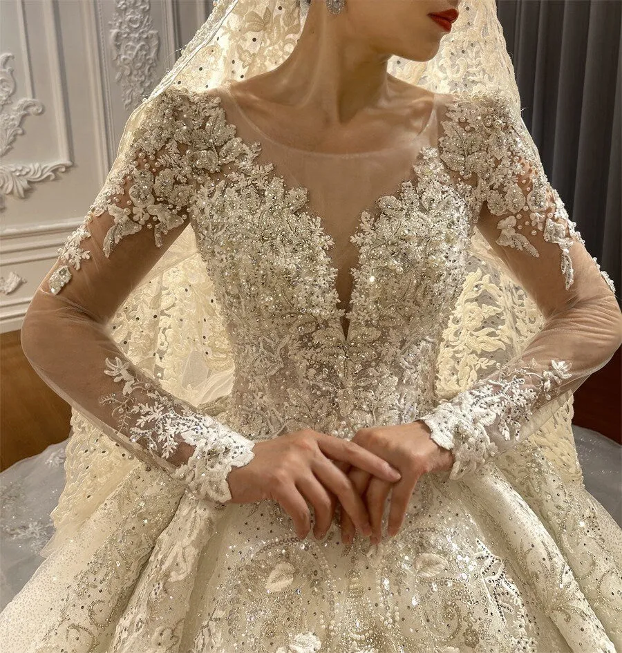 Timeless Long Sleeve Ballgown With Beadwork and Lace