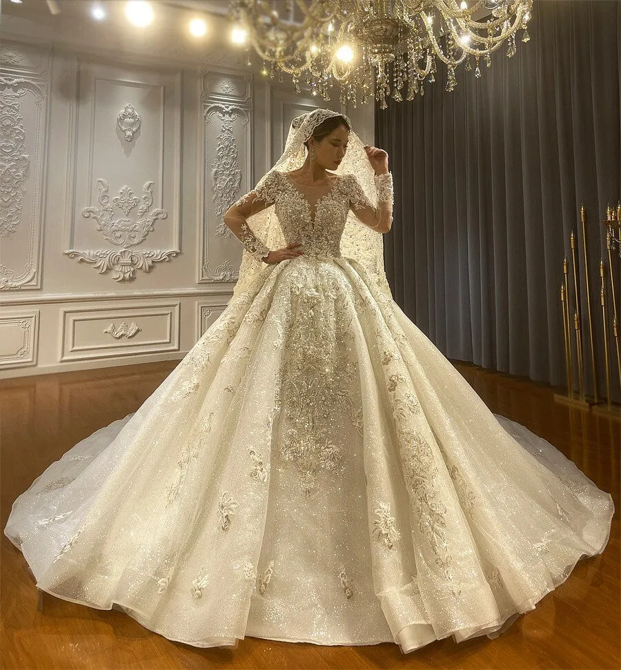 Timeless Long Sleeve Ballgown With Beadwork and Lace