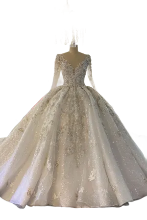 Timeless Long Sleeve Ballgown With Beadwork and Lace