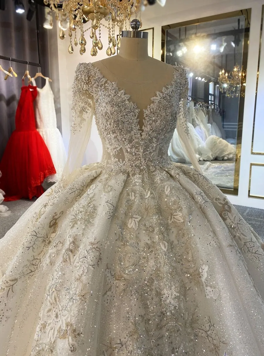 Timeless Long Sleeve Ballgown With Beadwork and Lace