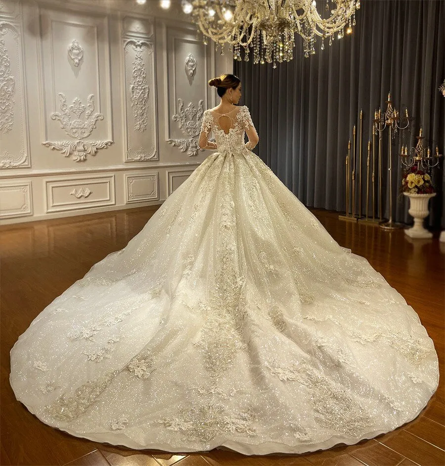 Timeless Long Sleeve Ballgown With Beadwork and Lace