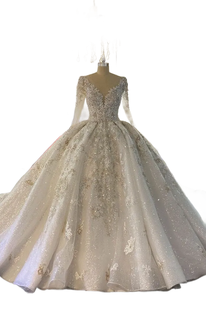 Timeless Long Sleeve Ballgown With Beadwork and Lace