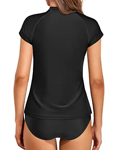 Unique Two Piece Short Sleeve Rash Guard Cap Sleeve Bathing-Black
