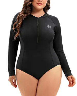 Upf 50  Plus Size One Piece Rash Guard For Women Long Sleeved Swimsuit-Black