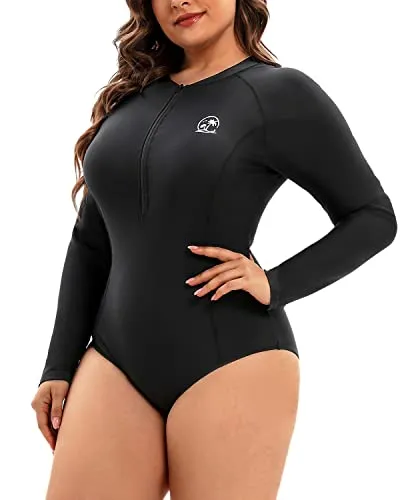 Upf 50  Plus Size One Piece Rash Guard For Women Long Sleeved Swimsuit-Black