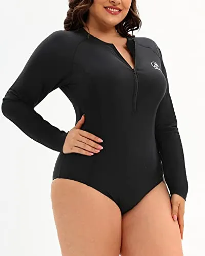 Upf 50  Plus Size One Piece Rash Guard For Women Long Sleeved Swimsuit-Black