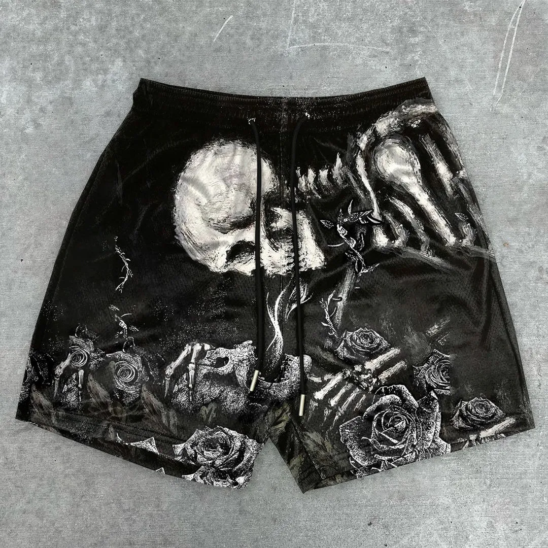 vintage skull print mesh shorts