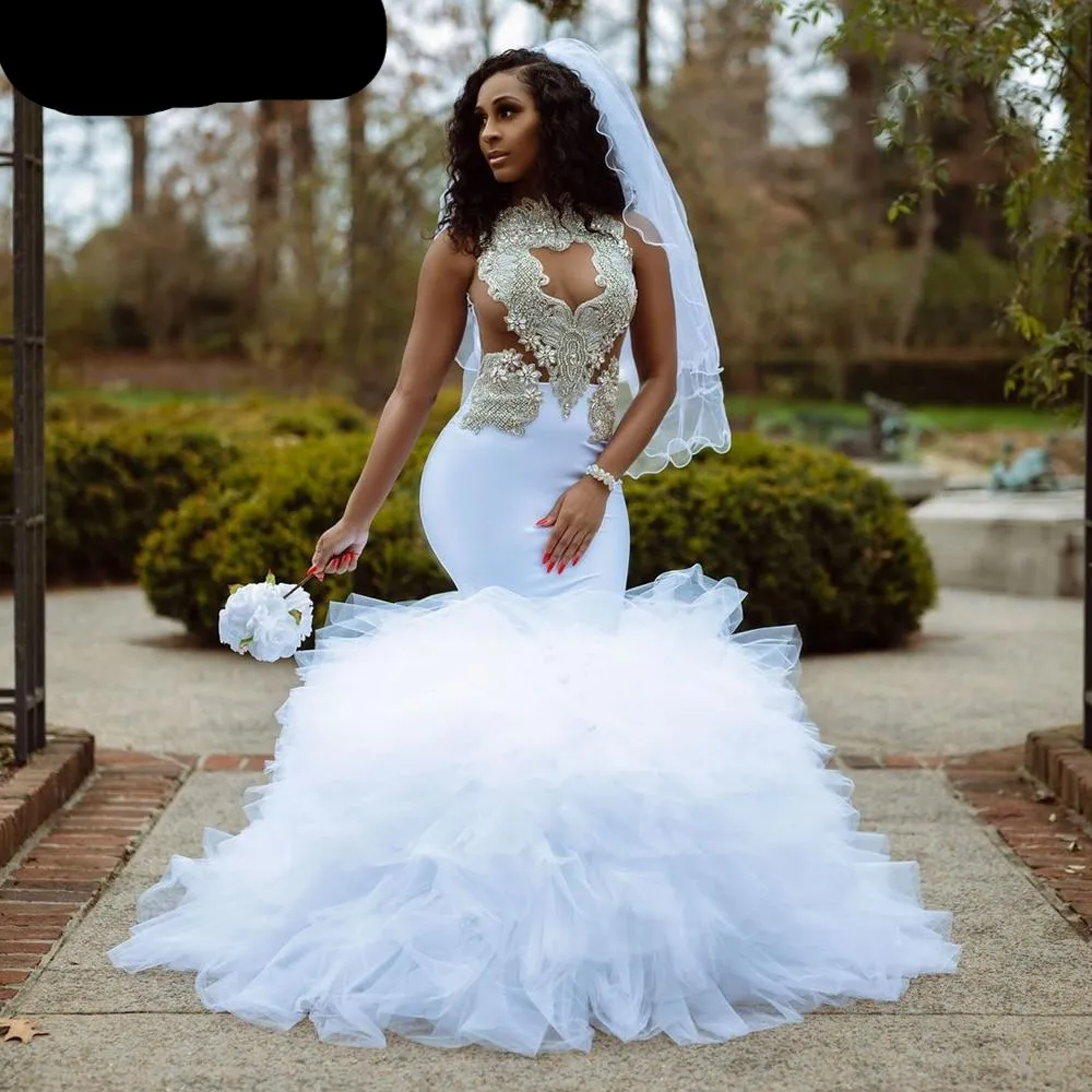 White Mermaid Long Wedding Dresses Stunning Beaded Bottom Ruffles Bridal Gowns