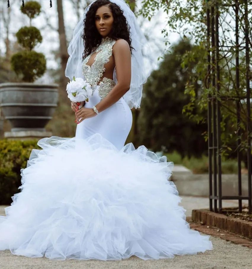 White Mermaid Long Wedding Dresses Stunning Beaded Bottom Ruffles Bridal Gowns