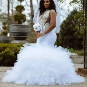 White Mermaid Long Wedding Dresses Stunning Beaded Bottom Ruffles Bridal Gowns