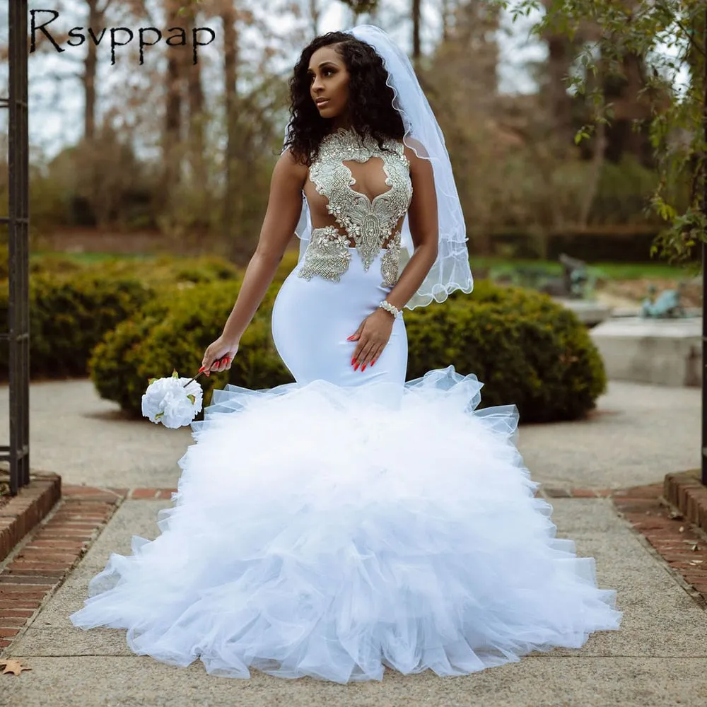 White Mermaid Long Wedding Dresses Stunning Beaded Bottom Ruffles Bridal Gowns