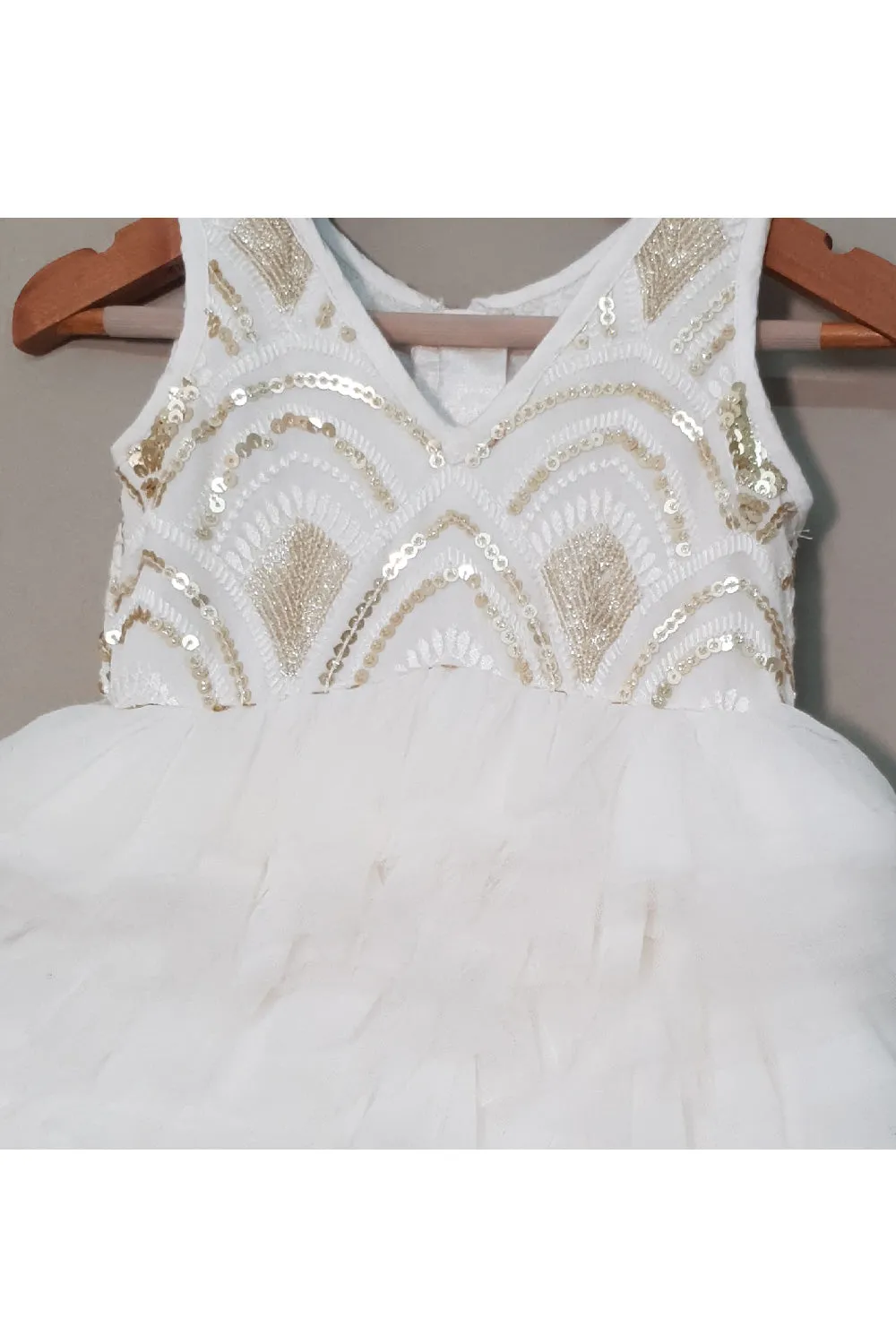White Sequins Embroidered Net Sleeveless Dress