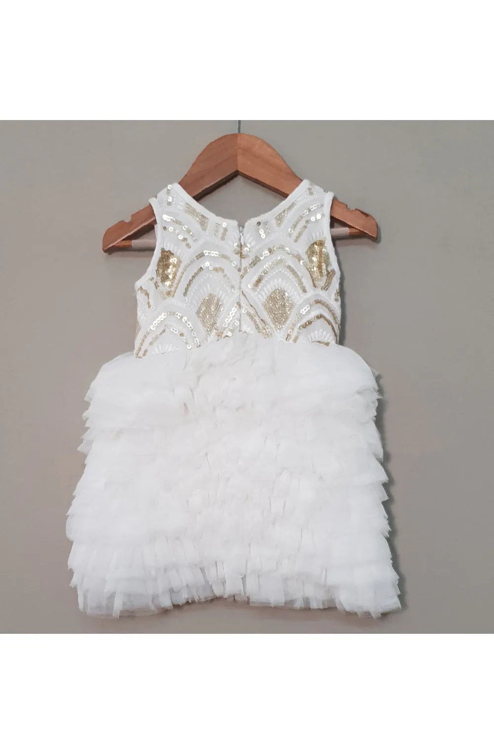 White Sequins Embroidered Net Sleeveless Dress