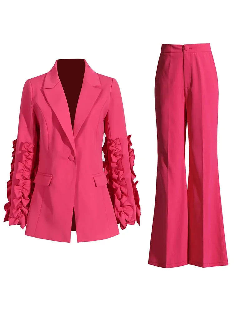 Women's Ruffled Blazer & Flare Pants 2-Piece Suit Set