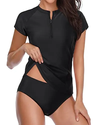 Women's Two Piece Short Sleeve Rash Guard Cap Sleeve Bathing Suit