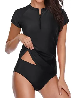 Women's Two Piece Short Sleeve Rash Guard Cap Sleeve Bathing Suit