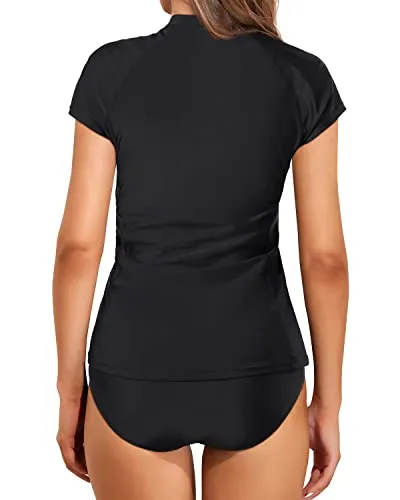Women's Two Piece Short Sleeve Rash Guard Cap Sleeve Bathing Suit