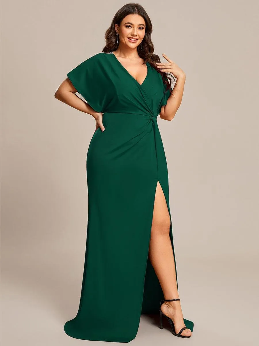 Zelda | Plus Size Sequin Sleeve High Slit Evening Dress with Pleated