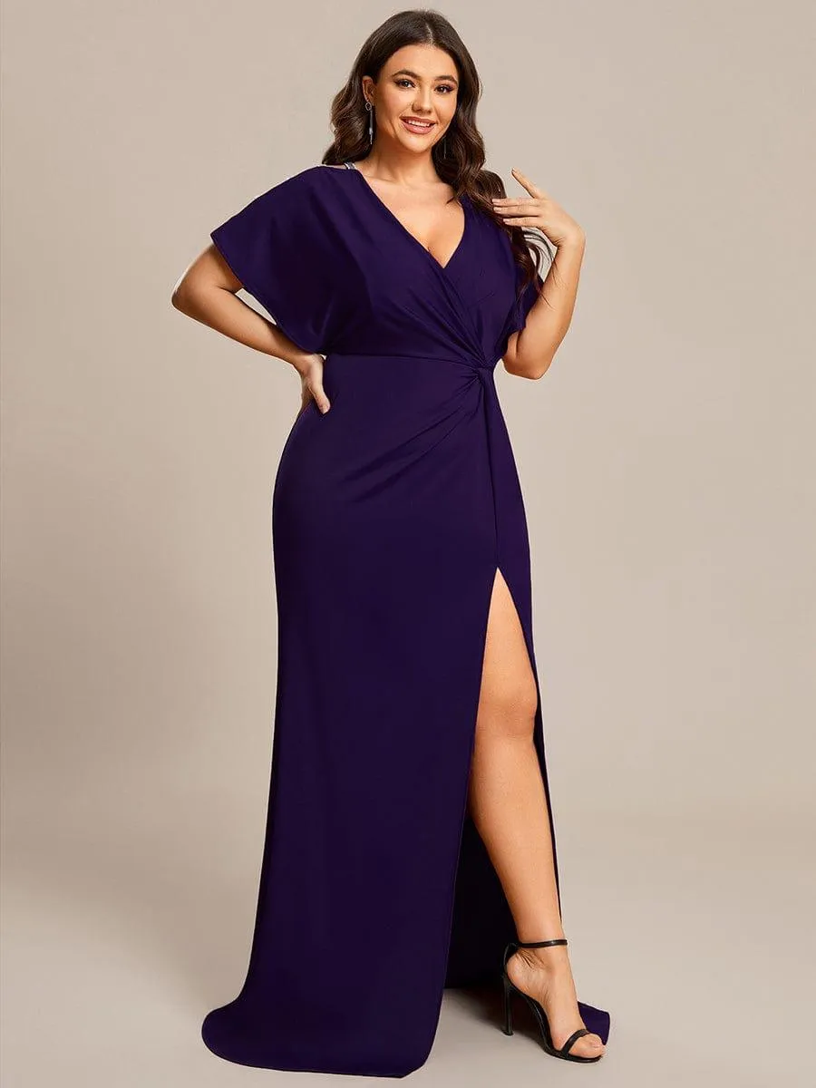 Zelda | Plus Size Sequin Sleeve High Slit Evening Dress with Pleated