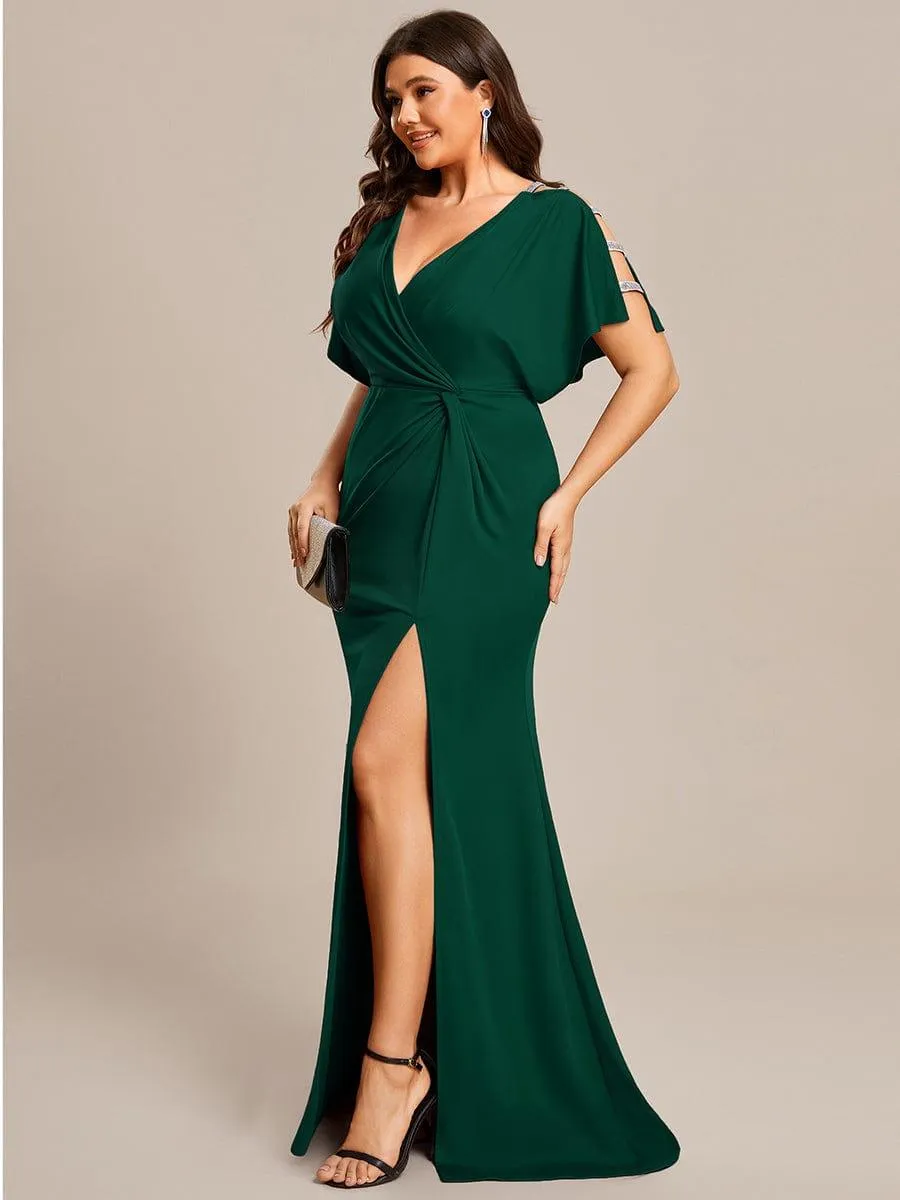 Zelda | Plus Size Sequin Sleeve High Slit Evening Dress with Pleated