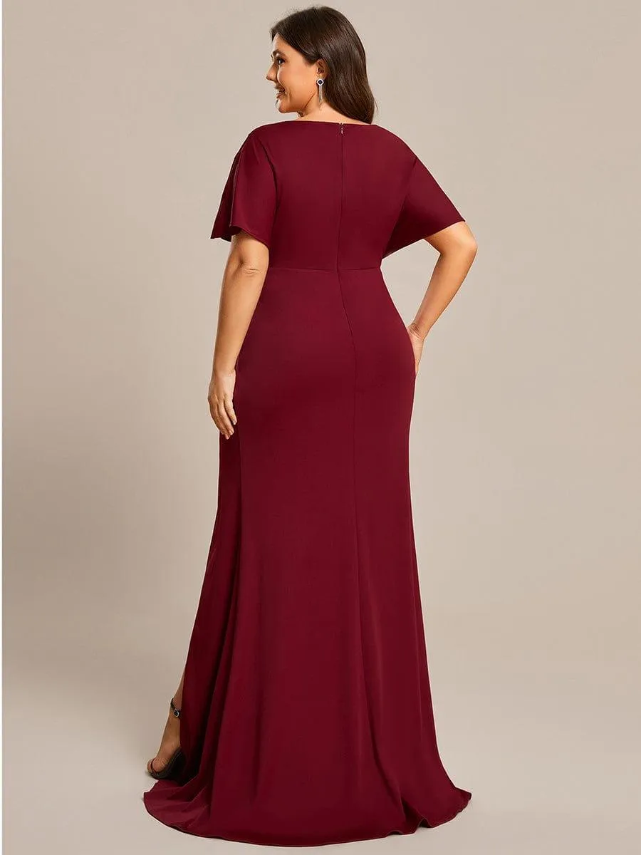 Zelda | Plus Size Sequin Sleeve High Slit Evening Dress with Pleated