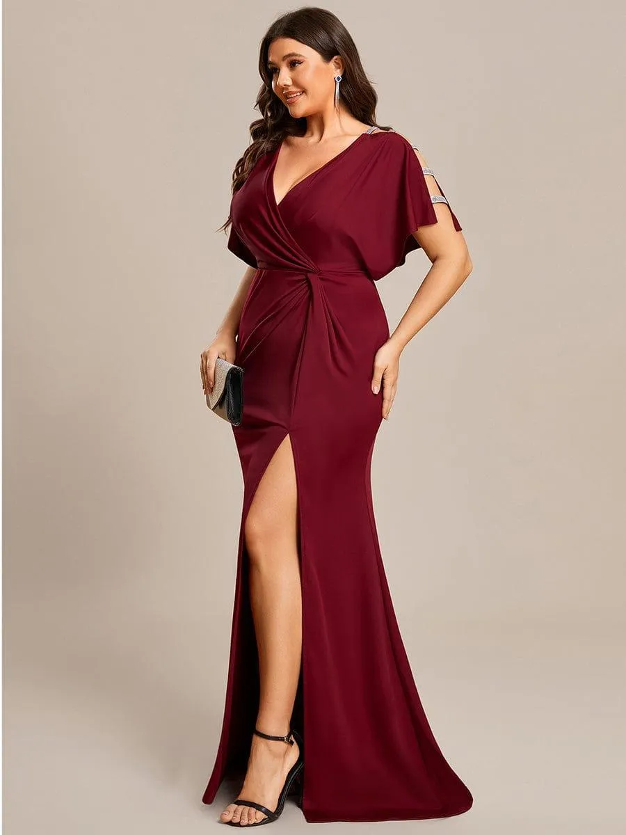 Zelda | Plus Size Sequin Sleeve High Slit Evening Dress with Pleated