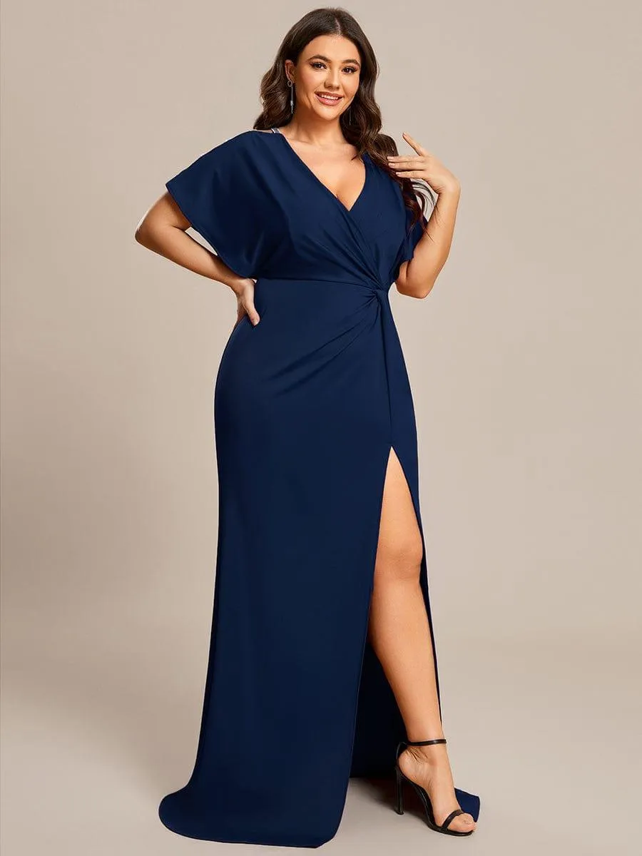 Zelda | Plus Size Sequin Sleeve High Slit Evening Dress with Pleated